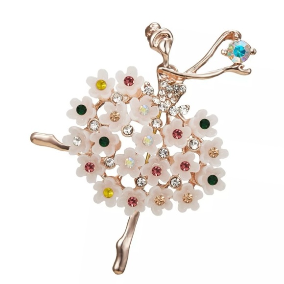 Ballerina Multi Color Crystal, White Acrylic Flowers, & Gold Alloy Dance Brooch - Picture 1 of 5